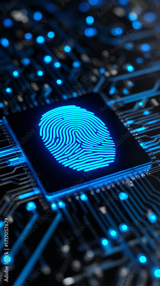 Poster close-up of a glowing digital fingerprint scanner symbolizing cybersecurity and biometric authentica