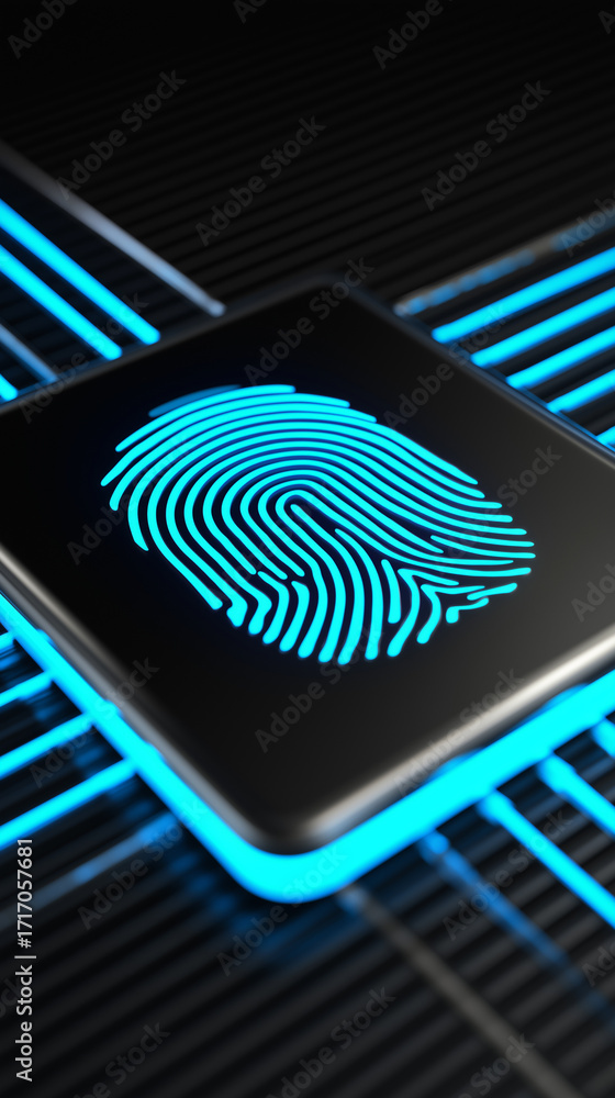 Poster close-up of a glowing digital fingerprint scanner symbolizing cybersecurity and biometric authentica