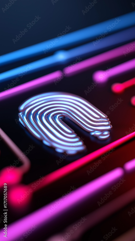 Poster close-up of a glowing digital fingerprint scanner symbolizing cybersecurity and biometric authentica