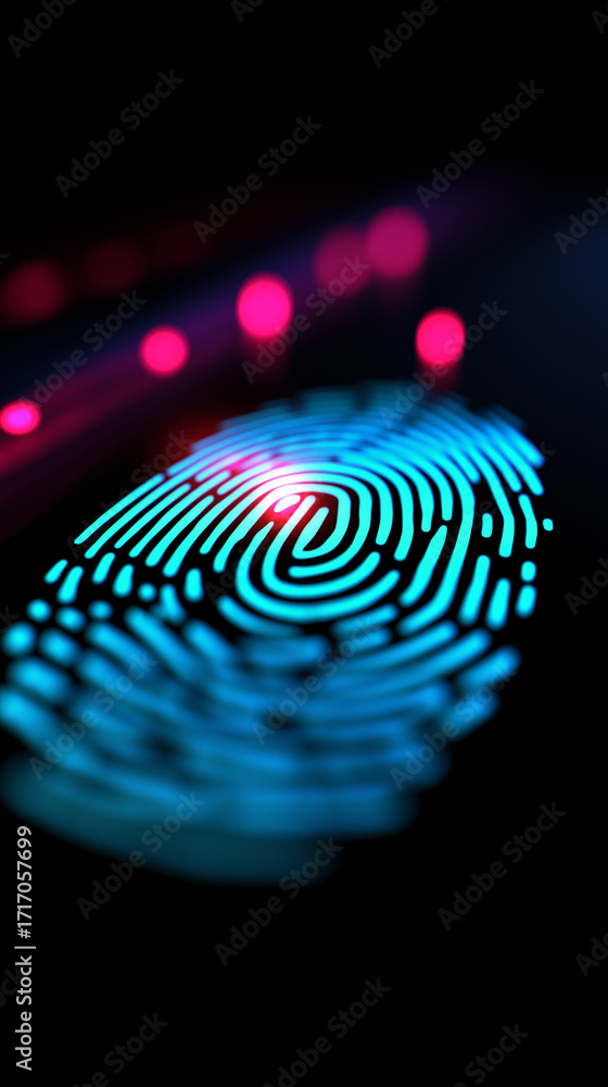 Poster close-up of a glowing digital fingerprint scanner symbolizing cybersecurity and biometric authentica