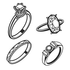 Various Diamond Ring Styles Line Art on White Background Keywords: ring, wedding, engagement