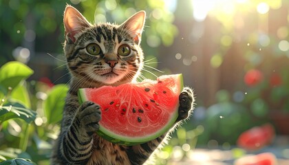 Tabby Cat Holding a Juicy Watermelon Slice in a Sunny Garden, realistic photography looks
