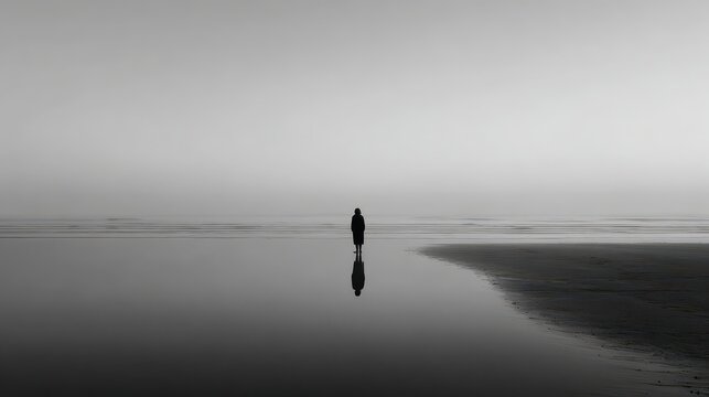 Solitude on the Shore - A Moment of Reflection in Black and White.