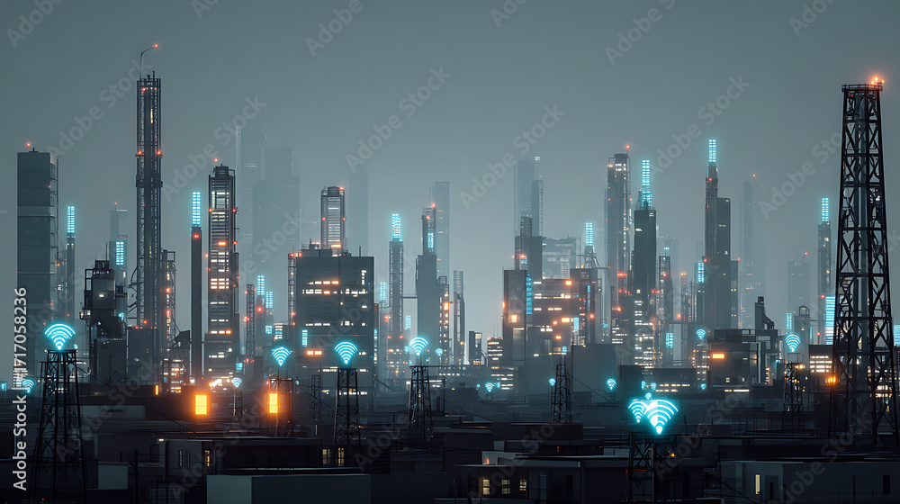 Poster explore a skyline dotted with floating ai indicators tracking activity across factories