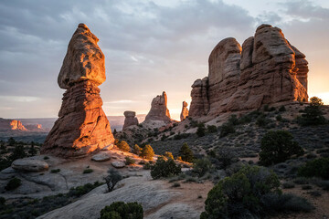 Sandstone spires sunset light rock formations desert