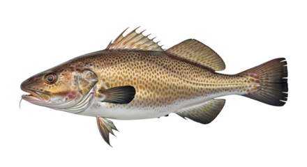 A single cod fish with brown and yellow spots swimming to the right on a black background space