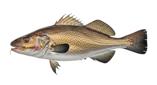 A single cod fish with brown and yellow spots swimming to the right on a black background space