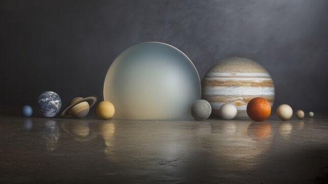 Scale model of planets in the solar system arranged on a reflective surface