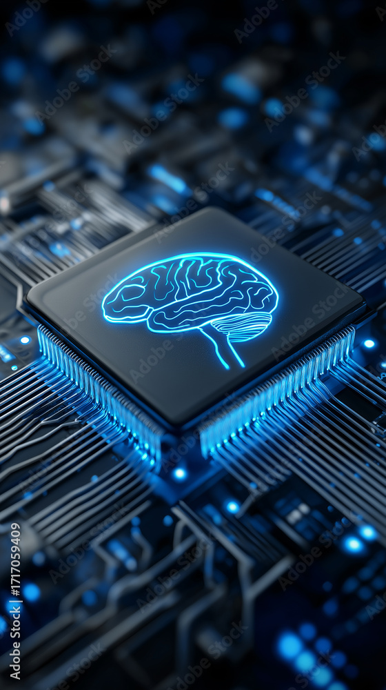 Poster ai processor chip with glowing brain symbol on a circuit board.