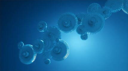Abstract blue background with floating mechanical gears in motion