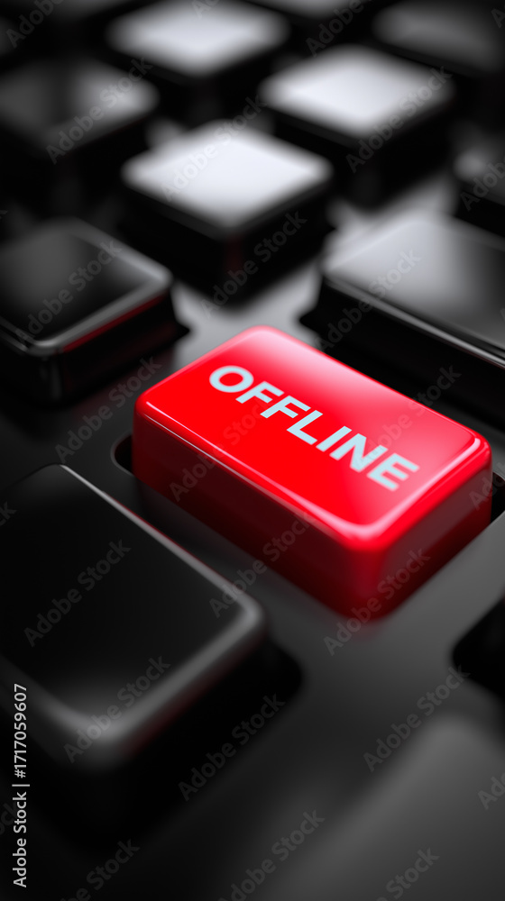 Poster close-up of a red “offline” key on a black computer keyboard.