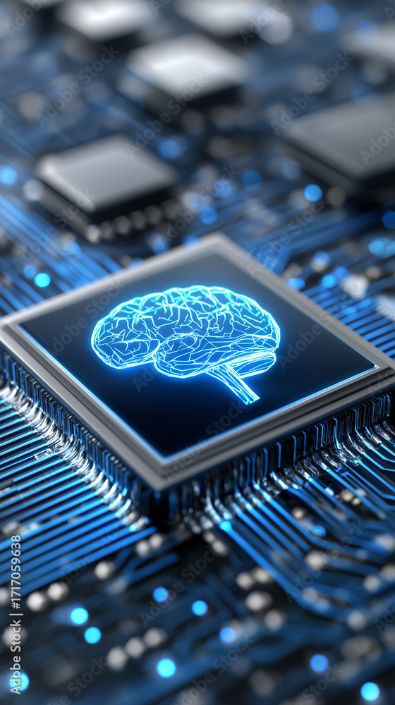Poster ai processor chip with glowing brain symbol on a circuit board.