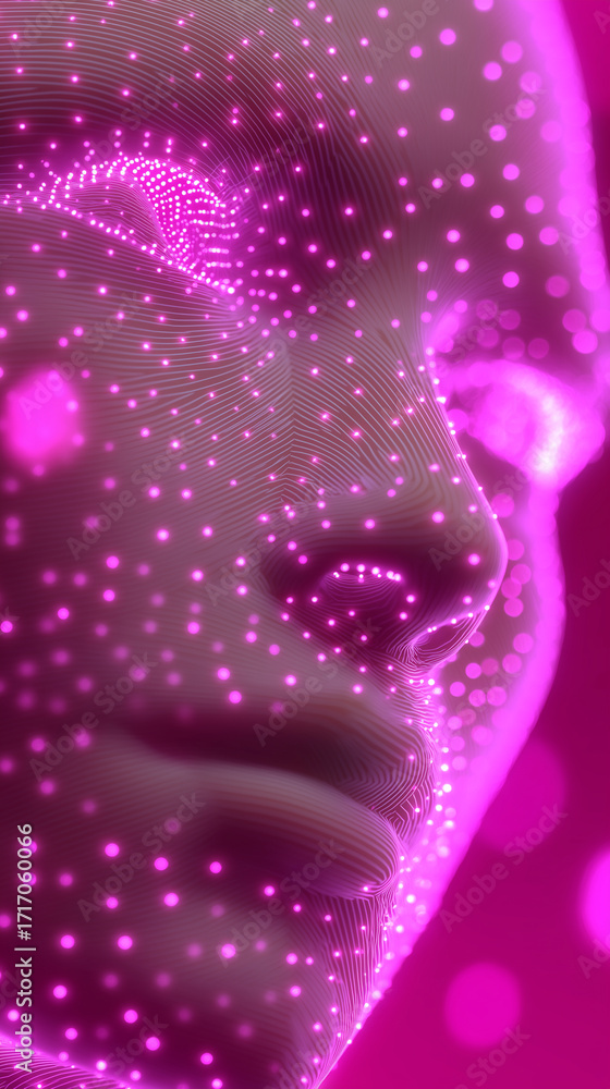 Poster abstract 3d rendering of a human face illuminated by pink digital light dots.