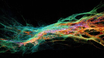Colorful cellular network structure with intricate filaments and glowing particles against a dark background