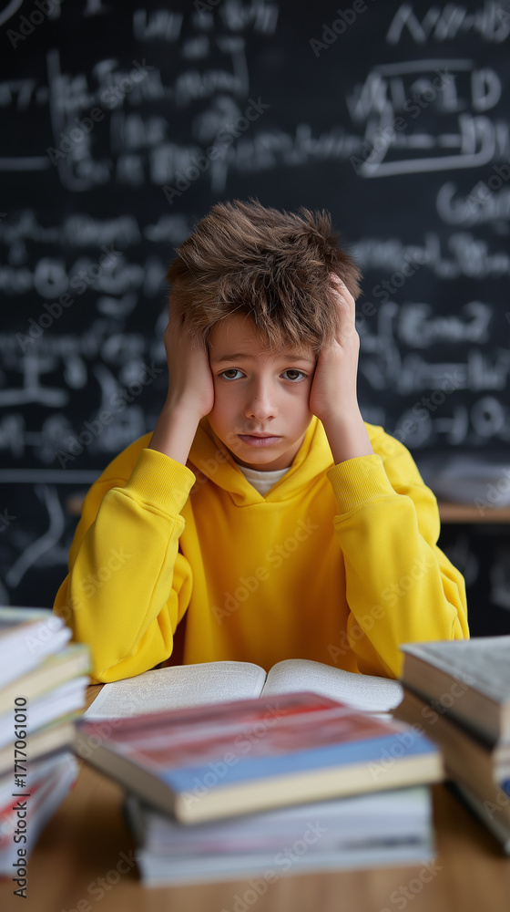 Poster stressed student overwhelmed by studying in front of a chalkboard filled with equations.