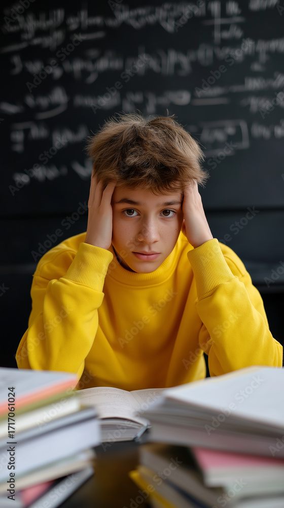 Poster stressed student overwhelmed by studying in front of a chalkboard filled with equations.