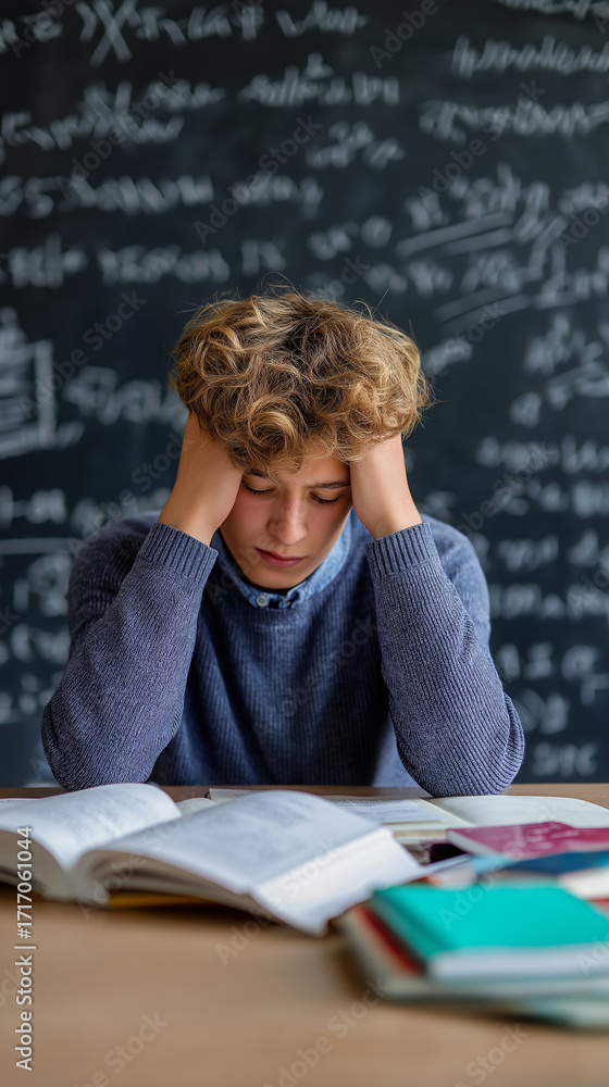 Poster stressed student overwhelmed by studying in front of a chalkboard filled with equations.