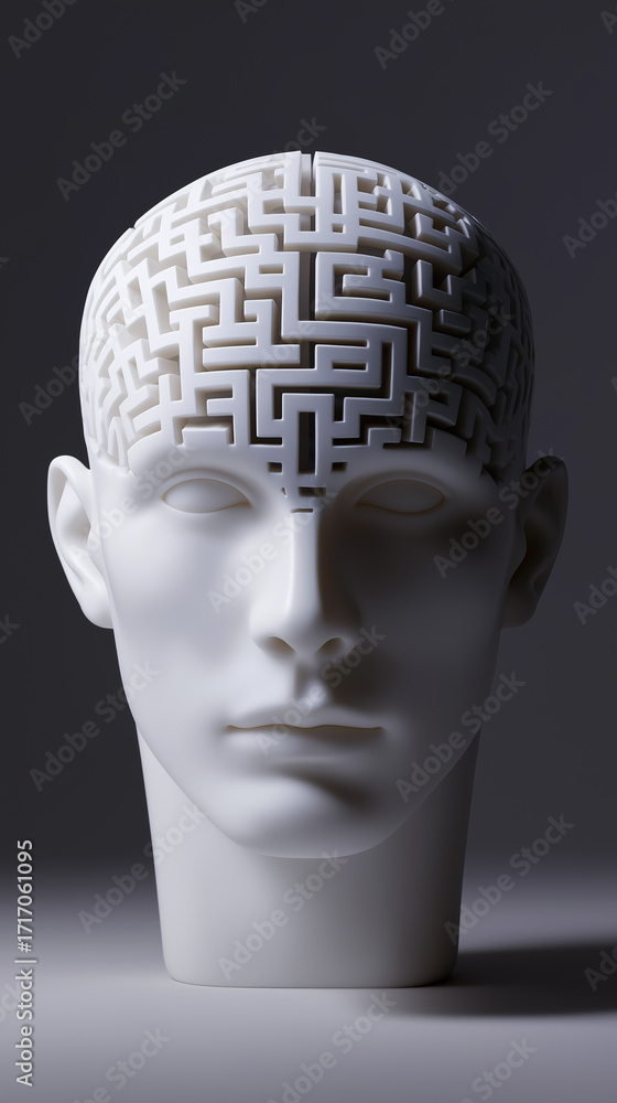 Poster white mannequin head with a maze pattern carved into the top of the skull.