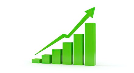 A 3D bar chart with a green arrow indicating a positive upward trend, symbolizing growth and success.