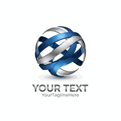 Fototapeta premium Futuristic 3D Metallic Sphere Vector Logo with Blue & Silver Ribbons