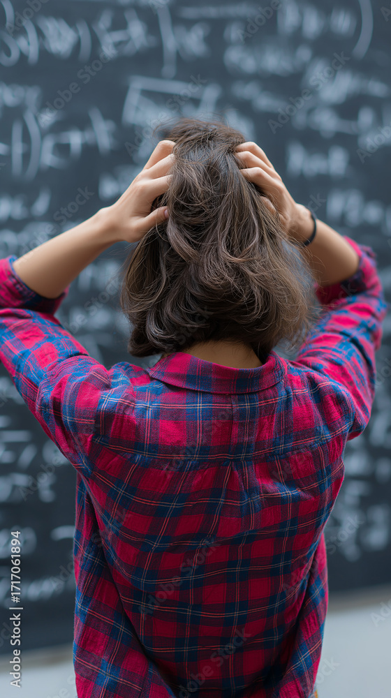 Poster stressed student holding head in front of chalkboard filled with formulas.