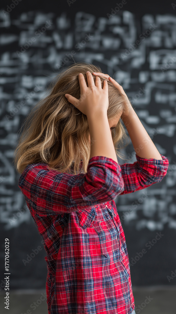 Poster stressed student holding head in front of chalkboard filled with formulas.