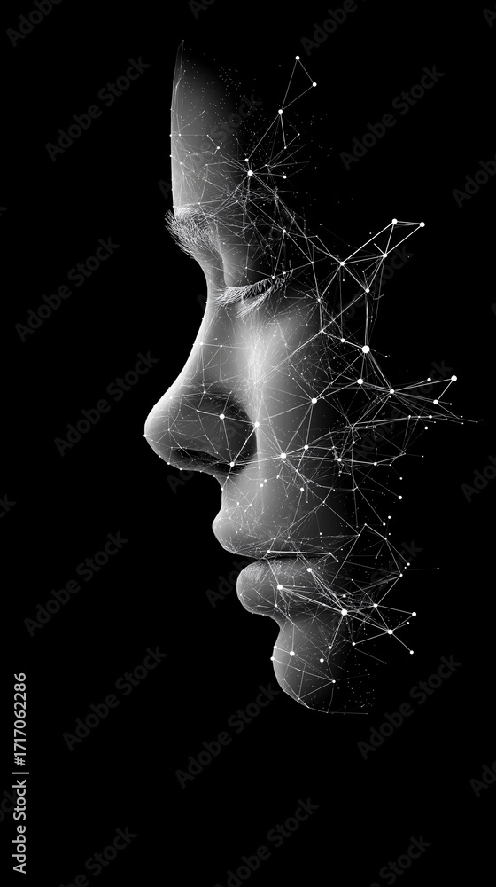 Poster abstract 3d digital mesh face made of interconnected white lines on black background.