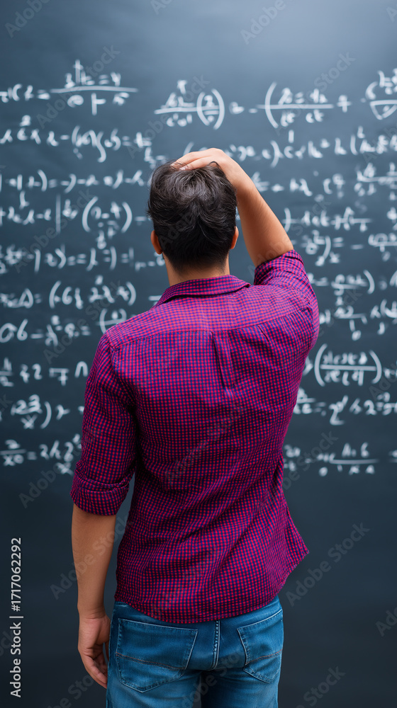 Poster man scratching head while solving math equations on blackboard.