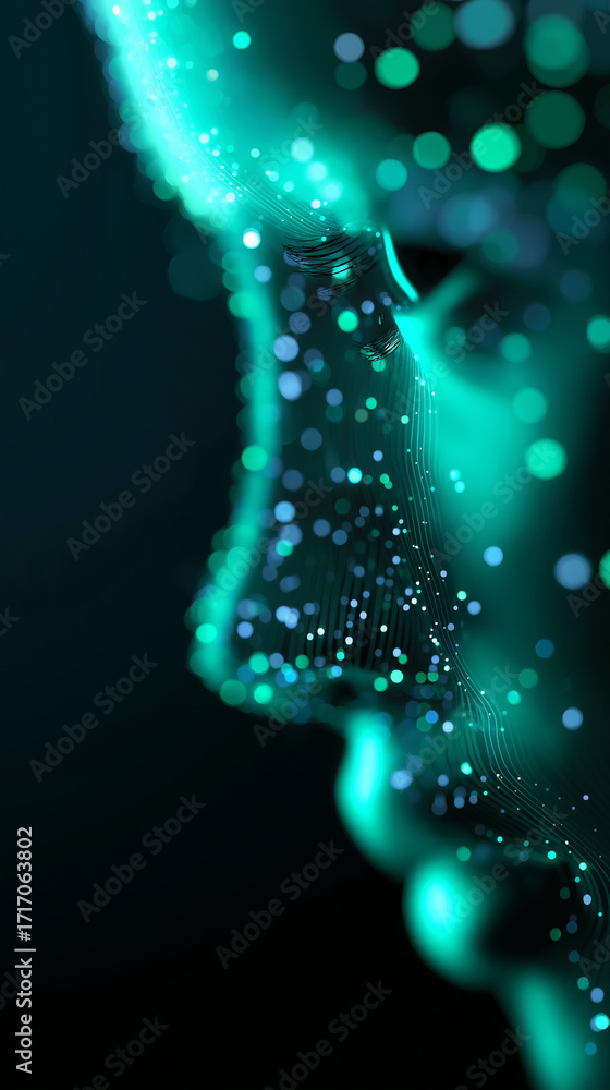 Poster abstract futuristic digital face illuminated with teal glowing particles.