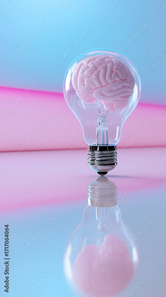 Poster light bulb with brain inside symbolizing creativity and innovation.