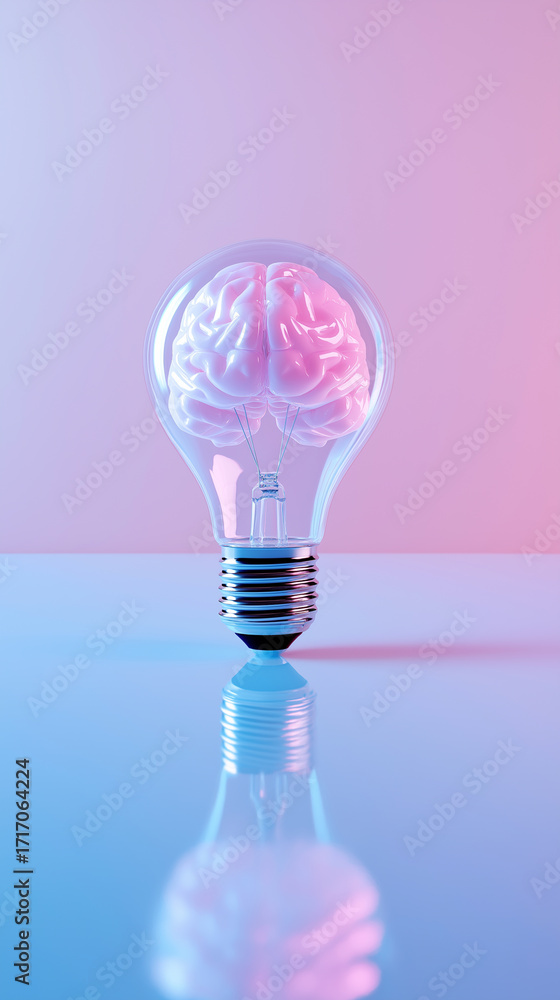 Poster light bulb with brain inside symbolizing creativity and innovation.