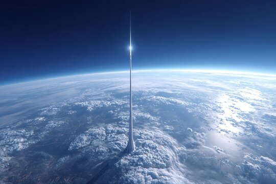Futuristic space elevator reaching from Earth into orbit