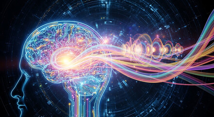 Photo of human brain with colorful energy waves and digital circuits