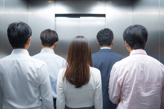 Business people standing in a crowded elevator facing closed doors
