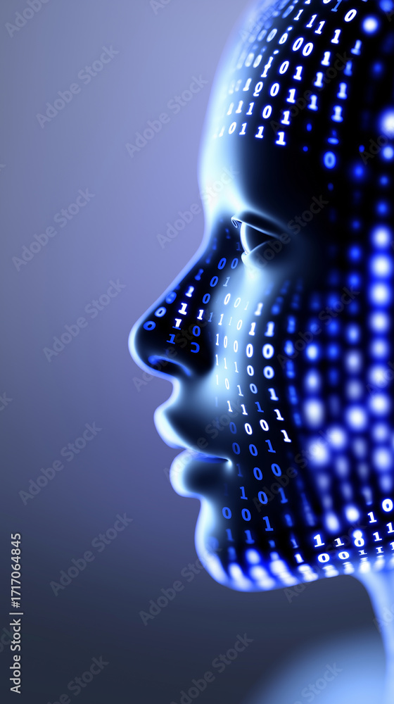 Poster digital face with binary code pattern representing artificial intelligence.