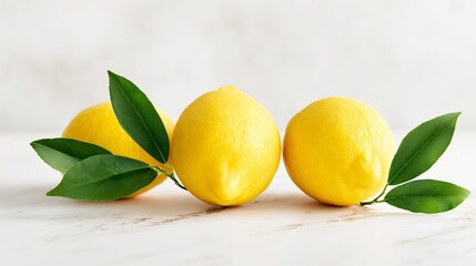 Three fresh lemons with green leaves on a light wooden surface