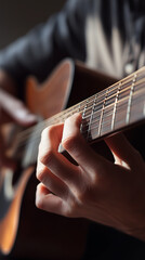 Fototapeta premium Close-up of person playing acoustic guitar with fingers on strings. 