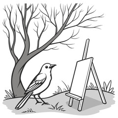 Bird standing next to an easel under a bare tree painting