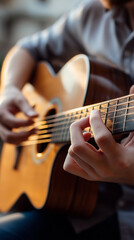 Fototapeta premium Close-up of person playing acoustic guitar with fingers on strings. 