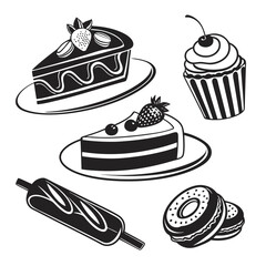 Black and White Bakery Icons with Cakes and Rolling Pin