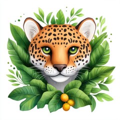 Detailed Illustration of a Leopard Surrounded by Lush Green Leaves