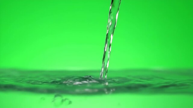 A gentle pour of water creating a soft, rippling splash as it hits a surface, isolated on green screen fluid, footage, gentle pour of water
