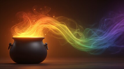 A magical cauldron glows with vibrant, colorful smoke swirling outwards into the darkness