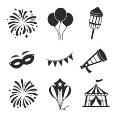 Celebration Icons Set With Fireworks Balloons And Mask