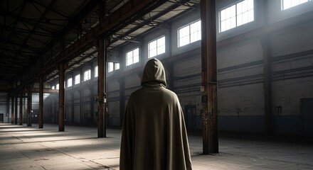 Solitary Figure in Hooded Cloak Gazes into Vast, Sunlit Abandoned Industrial Warehouse