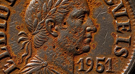 Extreme Macro of Rusted 1951 Coin Profile with Ornate Details and Textured Surface