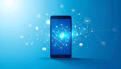 A modern smartphone displays global connectivity and digital applications through a network of interconnected icons and a detailed world map.