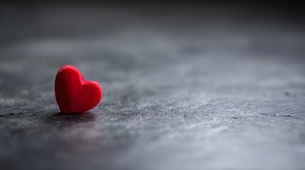 Fototapeta premium A single red heart-shaped object rests on a dark, textured surface with soft lighting and shallow depth of field.