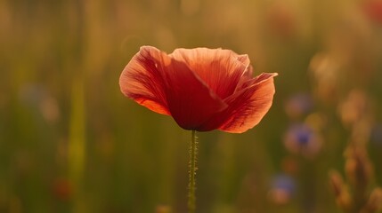 Fototapeta premium A single red poppy flower in a field during golden hour, with soft focus background and warm lighting.