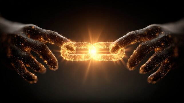 Golden glowing blockchain link held by two illuminated hands, symbolizing trust, digital connection, decentralized networks, and secure technology - Powered by Adobe